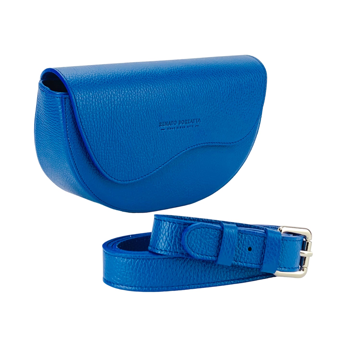 RB1027CH | Borsa Donna a Bandoliera stondata in Vera Pelle Made in Italy. Tracolla removibile e regolabile in pelle. Accessori Nickel Lucido - Colore Blu Royal - Dimensioni: cm 25 x 15 x 9