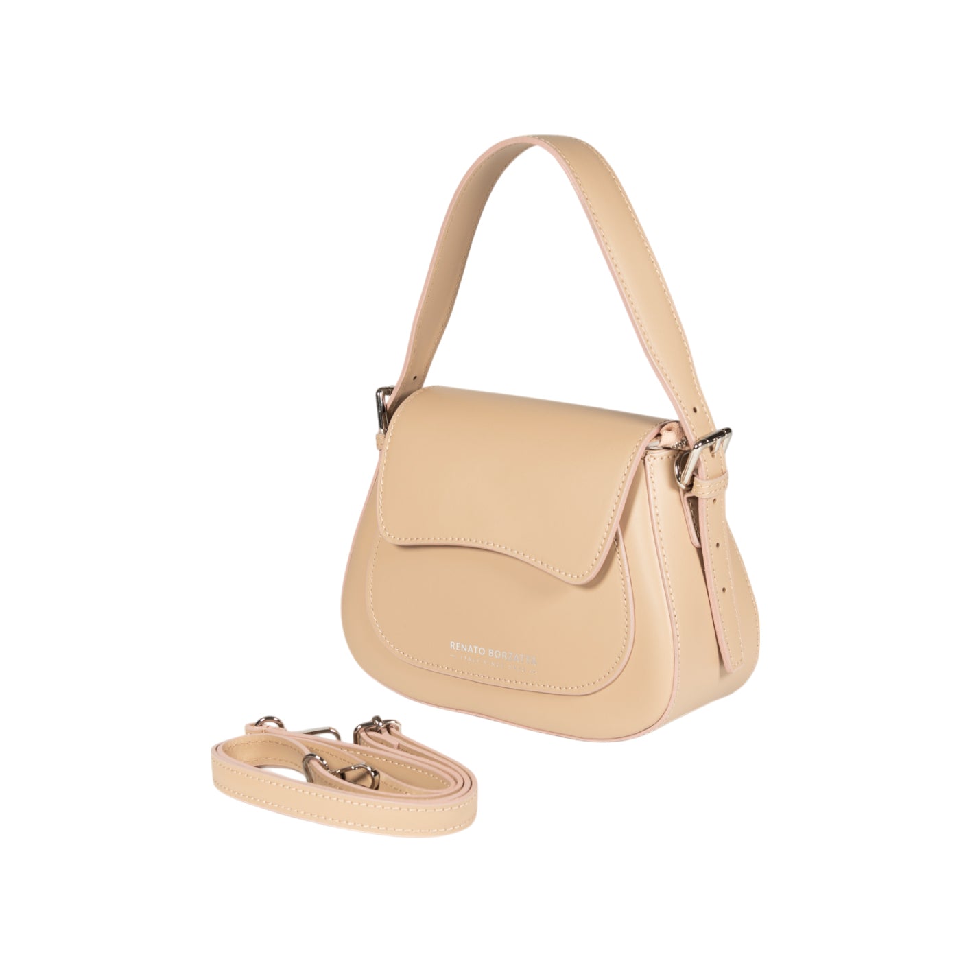 RB1030AL | Borsa Donna a Spalla EMMA con pattina in Vera Pelle Made in Italy. Accessori in metallo Argento Lucido - Colore Beige - Dimensioni: cm 24 x 18 x 9 + 14,5 (Luce manico)