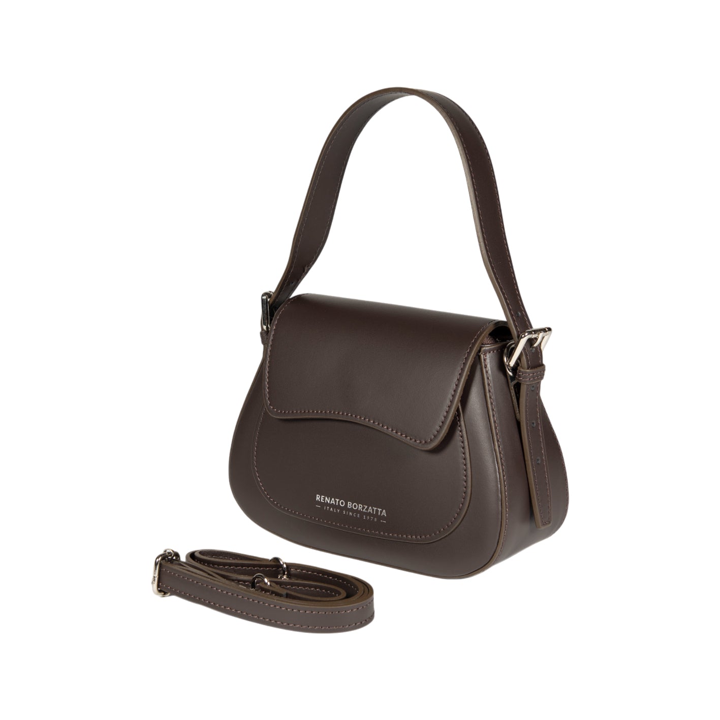 RB1030B | Borsa Donna a Spalla EMMA con pattina in Vera Pelle Made in Italy. Accessori in metallo Argento Lucido - Colore Testa Moro - Dimensioni: cm 24 x 18 x 9 + 14,5 (Luce manico)