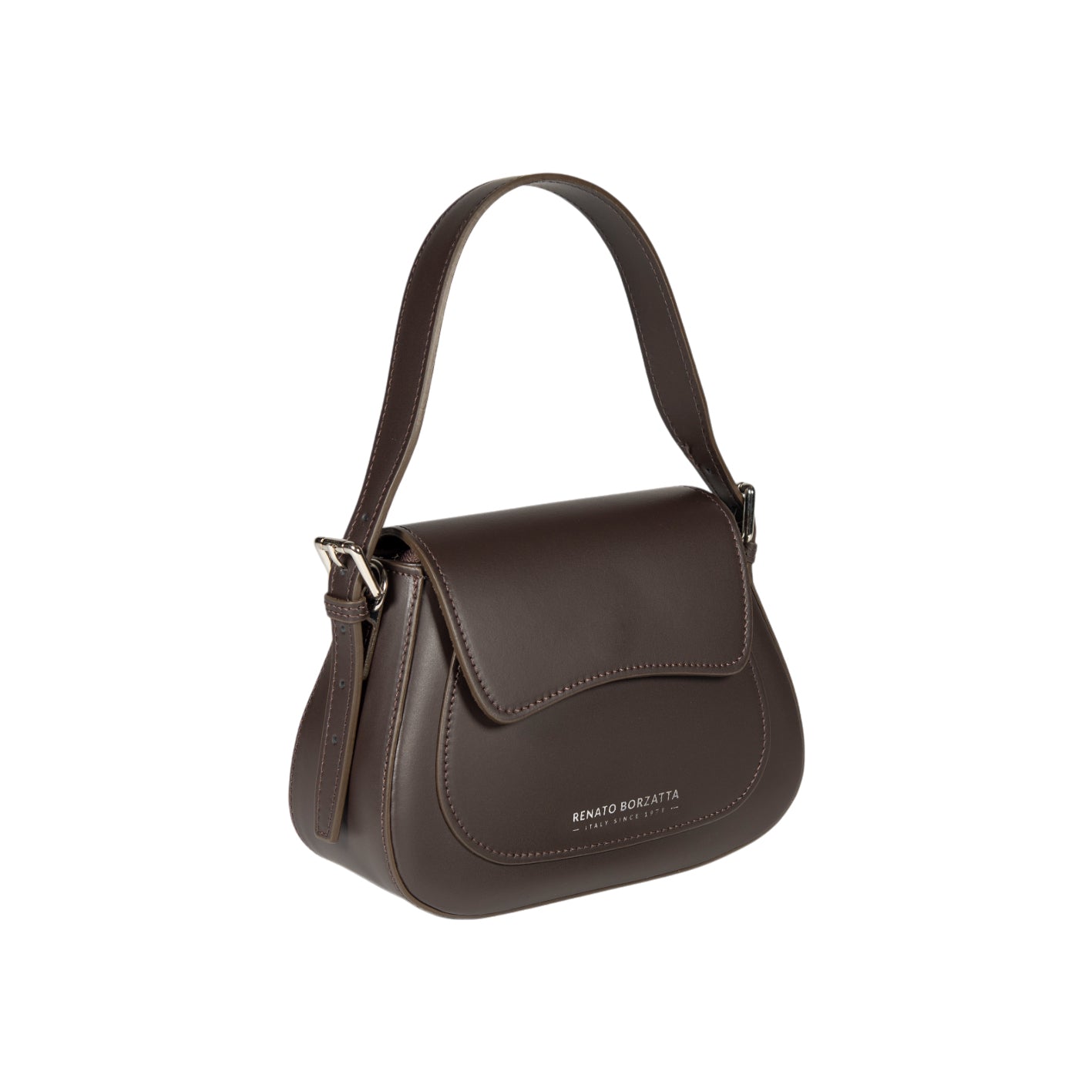 RB1030B | Borsa Donna a Spalla EMMA con pattina in Vera Pelle Made in Italy. Accessori in metallo Argento Lucido - Colore Testa Moro - Dimensioni: cm 24 x 18 x 9 + 14,5 (Luce manico)