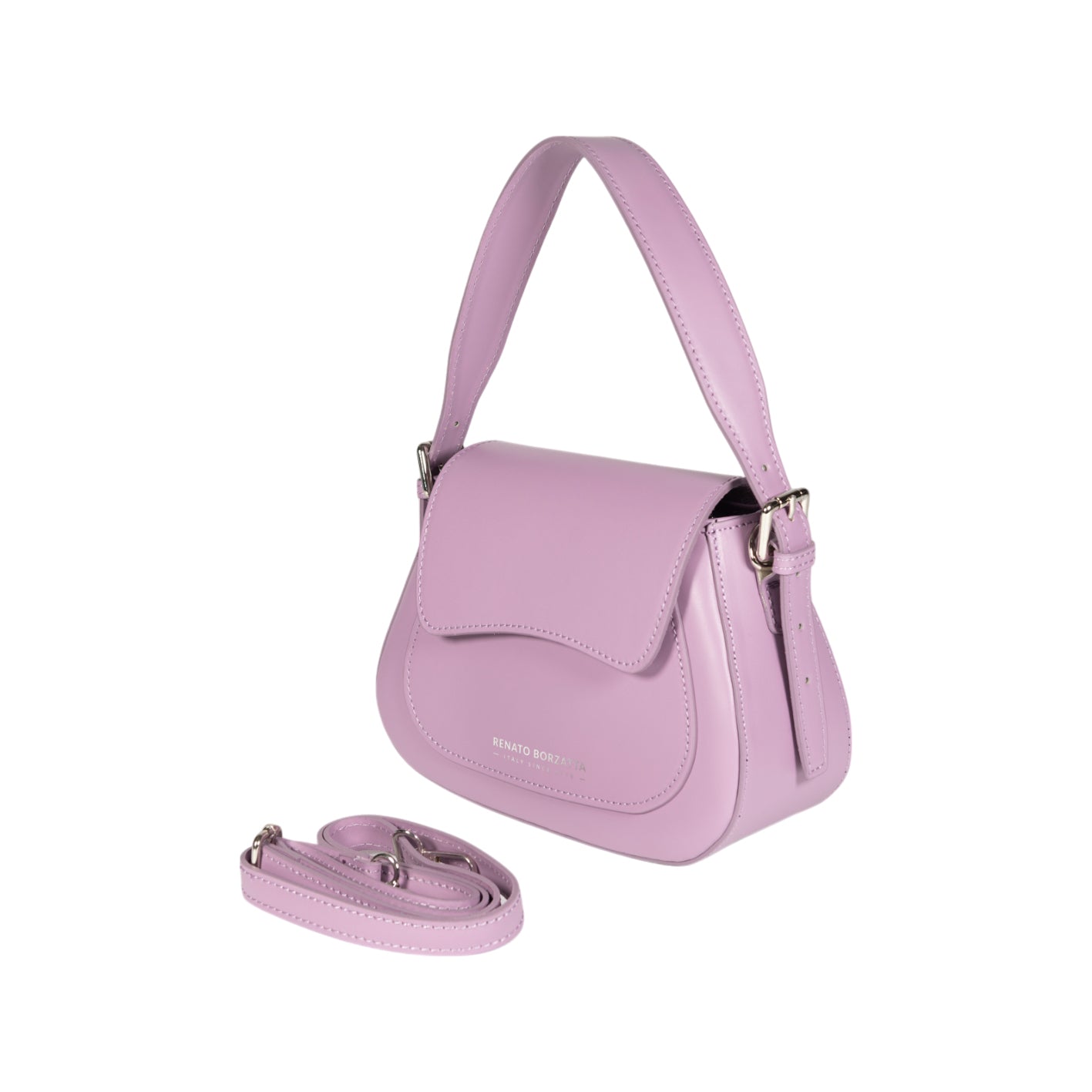 RB1030CI | Borsa Donna a Spalla EMMA con pattina in Vera Pelle Made in Italy. Accessori in metallo Argento Lucido - Colore Lilla - Dimensioni: cm 24 x 18 x 9 + 14,5 (Luce manico)