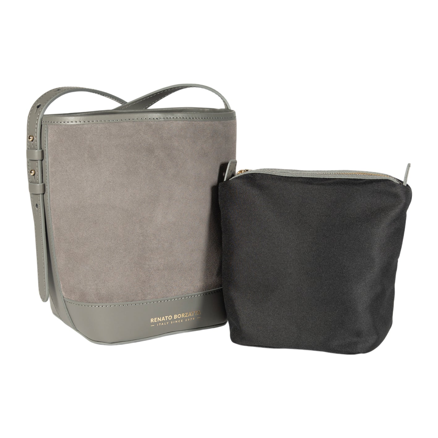 RB1031F | Borsa Donna a Secchiello BRENDA in Vera Pelle Made in Italy. Accessori in metallo Oro Lucido - Colore Grigio - Dimensioni: cm 25 x 23,5 x 17