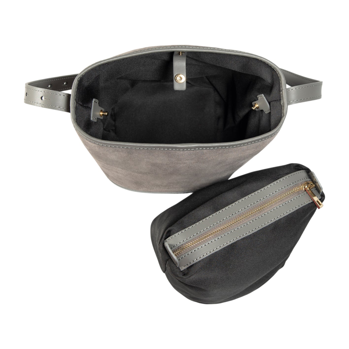 RB1031F | Borsa Donna a Secchiello BRENDA in Vera Pelle Made in Italy. Accessori in metallo Oro Lucido - Colore Grigio - Dimensioni: cm 25 x 23,5 x 17