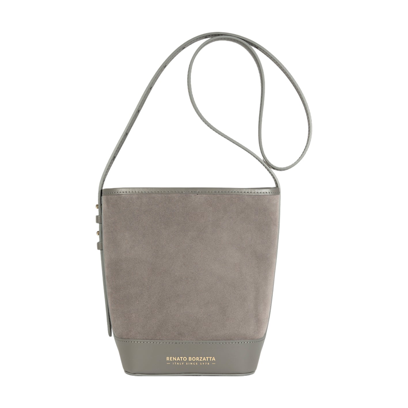 RB1031F | Borsa Donna a Secchiello BRENDA in Vera Pelle Made in Italy. Accessori in metallo Oro Lucido - Colore Grigio - Dimensioni: cm 25 x 23,5 x 17