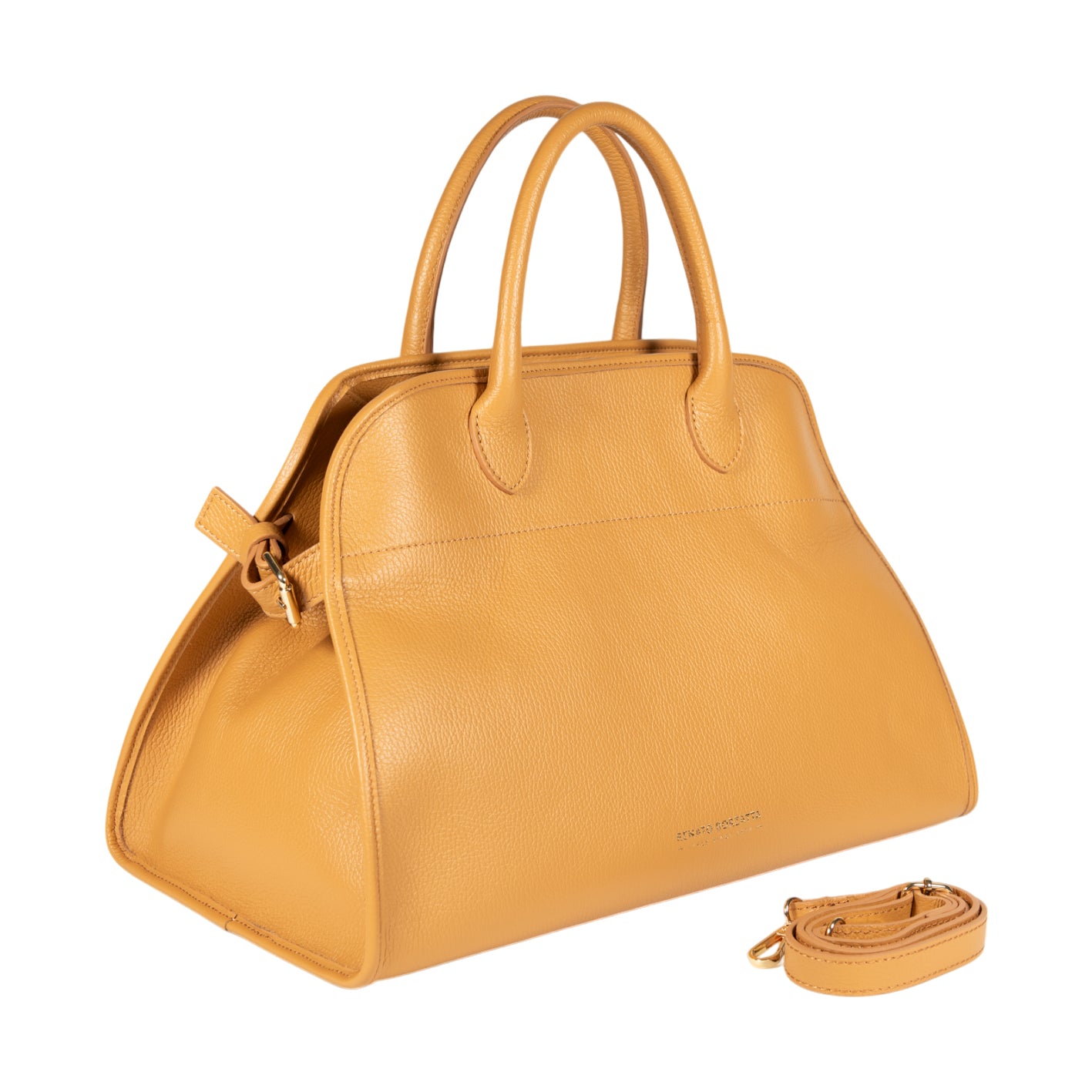 RB1032CQ | Borsa a Mano Donna FRIDA in Vera Pelle Made in Italy. Accessori in metallo Oro Lucido - Colore Cuoio - Dimensioni: cm 43 x 29 x 24 + 12 (Luce manici)