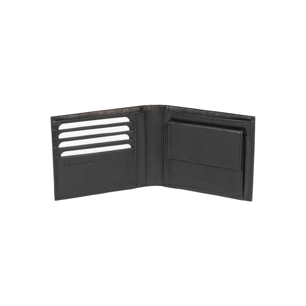 RB12003A | Portafogli Uomo risvoltato in Vera Pelle pieno fiore, con leggera grana. Colore Nero. Protezione RFID. Dimensioni da chiuso: cm 12,5 x 9,5 x 2. Confezione: Scatola regalo fondo/coperchio