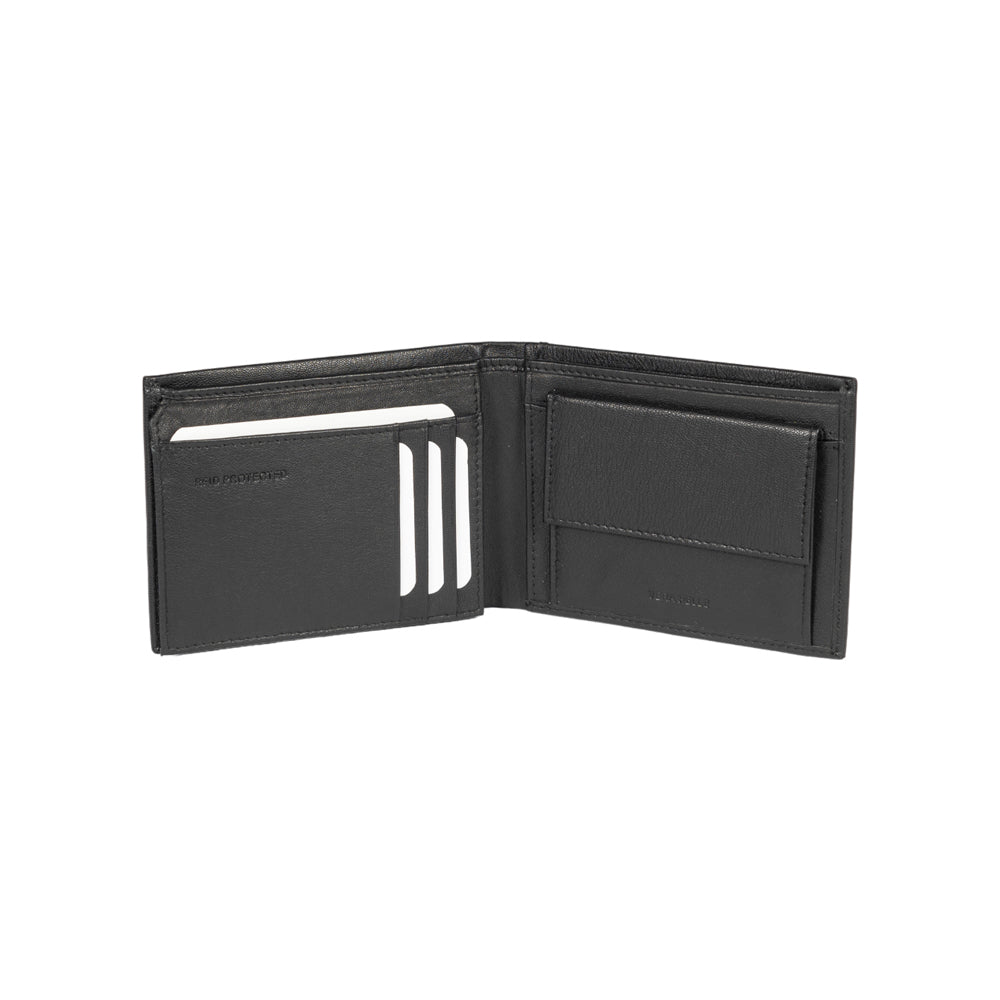 RB12004A | Portafogli Uomo risvoltato in Vera Pelle pieno fiore, con leggera grana. Colore Nero. Protezione RFID. Dimensioni da chiuso: cm 12,5 x 9,5 x 2. Confezione: Scatola regalo fondo/coperchio