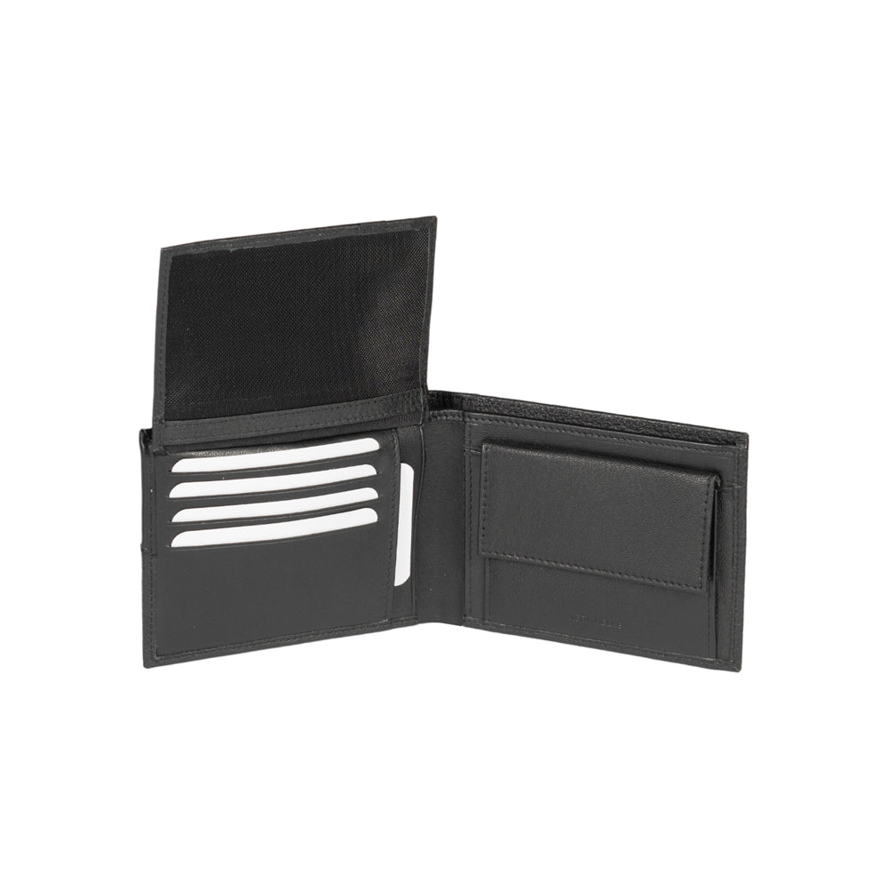 RB12004A | Portafogli Uomo risvoltato in Vera Pelle pieno fiore, con leggera grana. Colore Nero. Protezione RFID. Dimensioni da chiuso: cm 12,5 x 9,5 x 2. Confezione: Scatola regalo fondo/coperchio