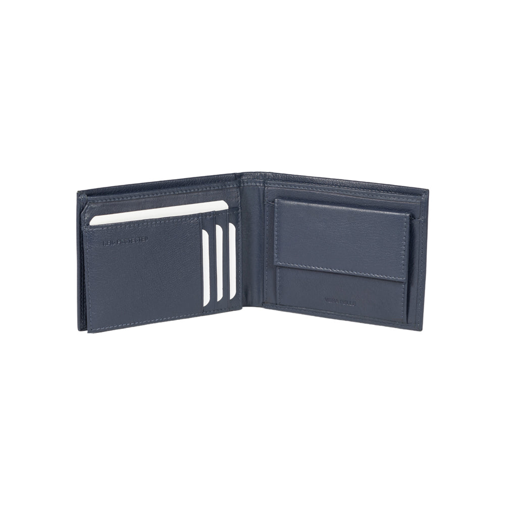 RB12004D | Portafogli Uomo risvoltato in Vera Pelle pieno fiore, con leggera grana. Colore Blu. Protezione RFID. Dimensioni da chiuso: cm 12,5 x 9,5 x 2. Confezione: Scatola regalo fondo/coperchio