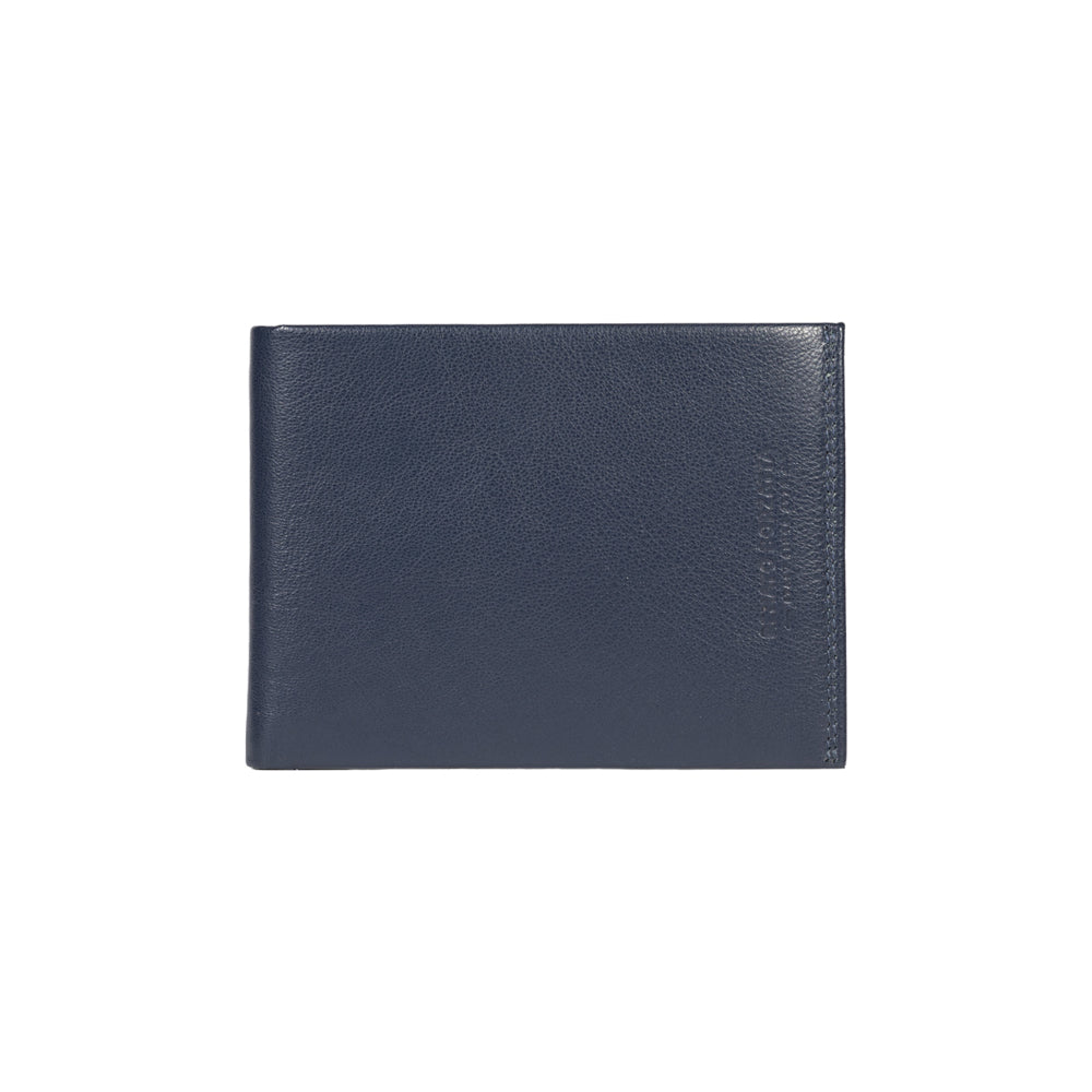 RB12004D | Portafogli Uomo risvoltato in Vera Pelle pieno fiore, con leggera grana. Colore Blu. Protezione RFID. Dimensioni da chiuso: cm 12,5 x 9,5 x 2. Confezione: Scatola regalo fondo/coperchio
