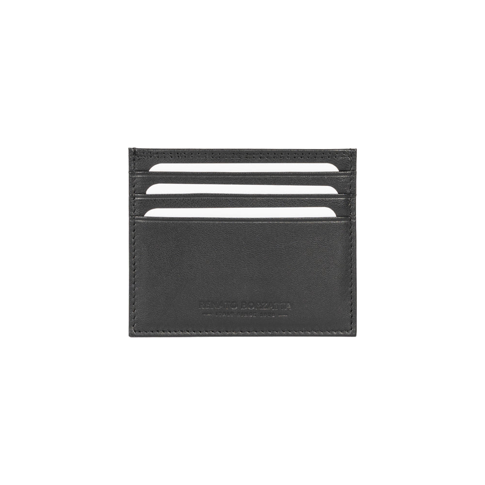 RB12016A | Porta Carte di Credito in Vera Pelle pieno fiore, con leggera grana. Colore Nero. Protezione RFID. Dimensioni: cm 10 x 8 x 0,5. Confezione: Scatola regalo fondo/coperchio