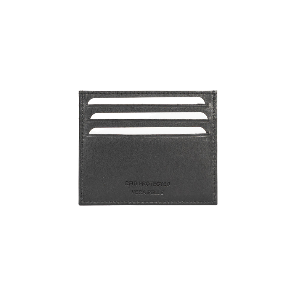 RB12016A | Porta Carte di Credito in Vera Pelle pieno fiore, con leggera grana. Colore Nero. Protezione RFID. Dimensioni: cm 10 x 8 x 0,5. Confezione: Scatola regalo fondo/coperchio