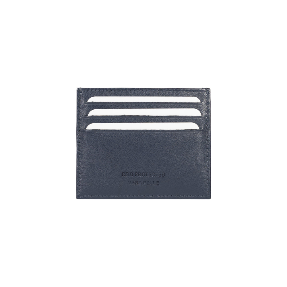 RB12016D | Porta Carte di Credito in Vera Pelle pieno fiore, con leggera grana. Colore Blu. Protezione RFID. Dimensioni: cm 10 x 8 x 0,5. Confezione: Scatola regalo fondo/coperchio
