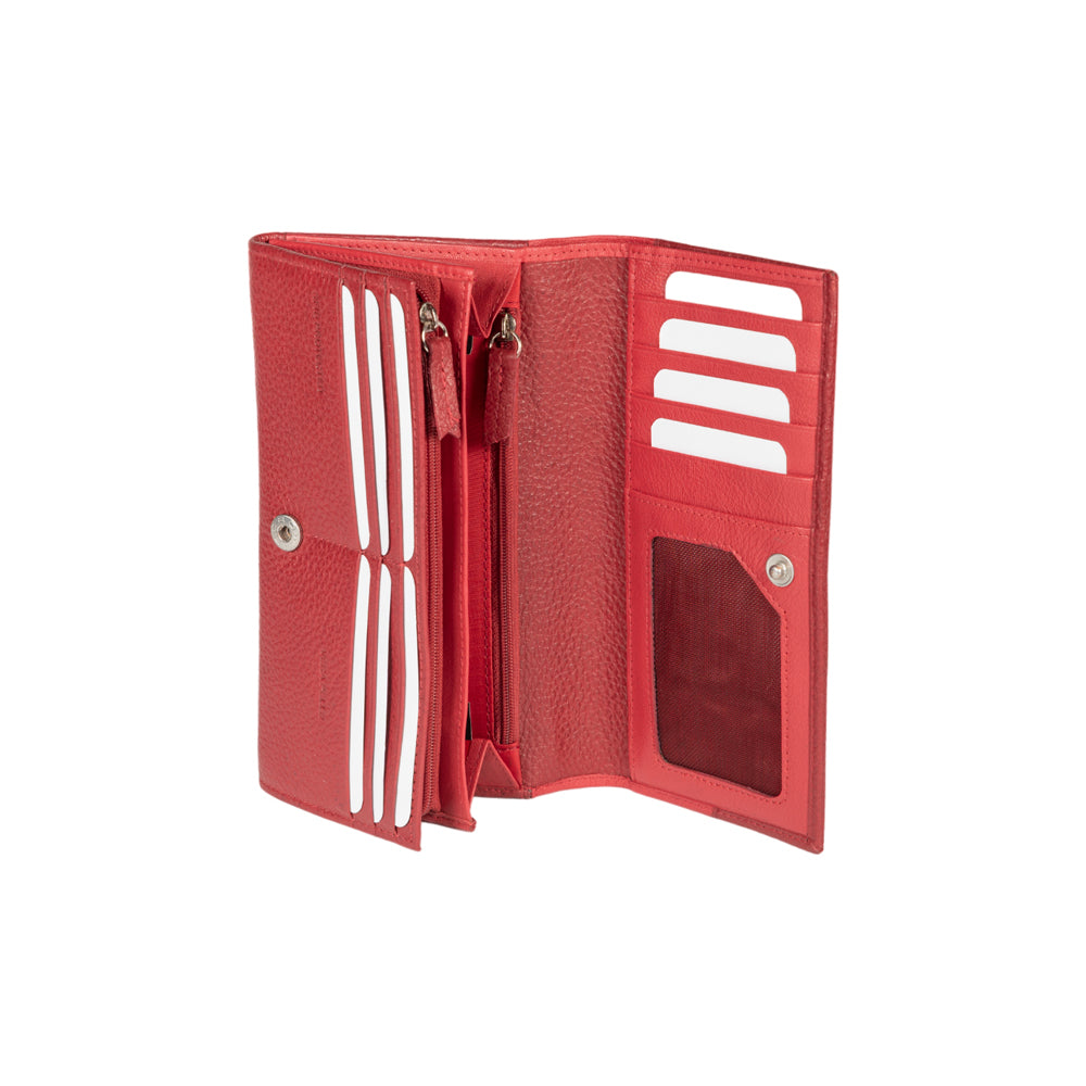 RB12129V | Portafogli Donna in Vera Pelle pieno fiore, grana dollaro/leggera. Colore Rosso. Protezione RFID. Dimensioni da chiuso: cm 18,5 x 10 x 3. Confezione: Scatola regalo fondo/coperchio