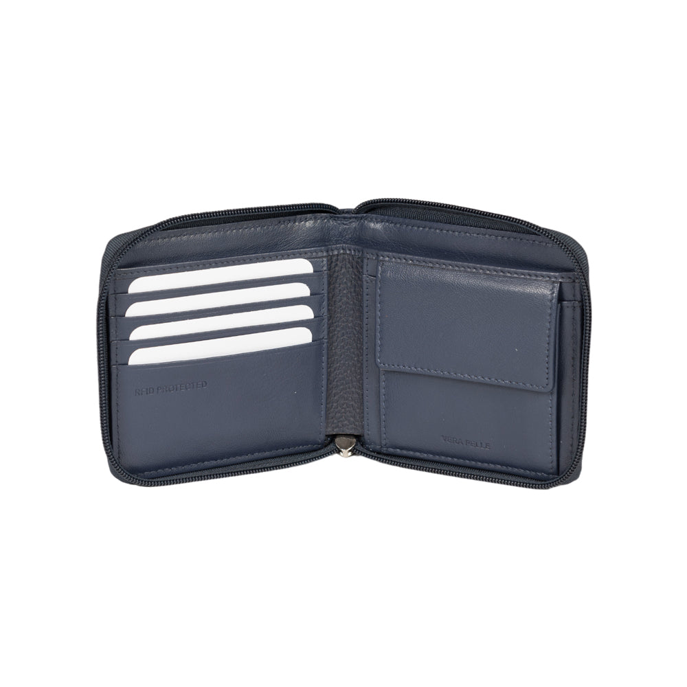 RB12175D | Portafogli con Lampo in Vera Pelle pieno fiore, grana dollaro/leggera. Colore Blu. Protezione RFID. Dimensioni da chiuso: cm 11,5 x 10,5 x 2. Confezione: Scatola regalo fondo/coperchio