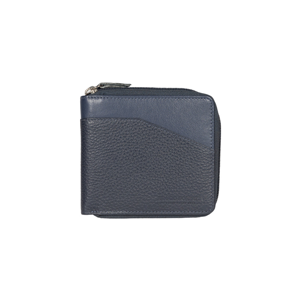 RB12175D | Portafogli con Lampo in Vera Pelle pieno fiore, grana dollaro/leggera. Colore Blu. Protezione RFID. Dimensioni da chiuso: cm 11,5 x 10,5 x 2. Confezione: Scatola regalo fondo/coperchio