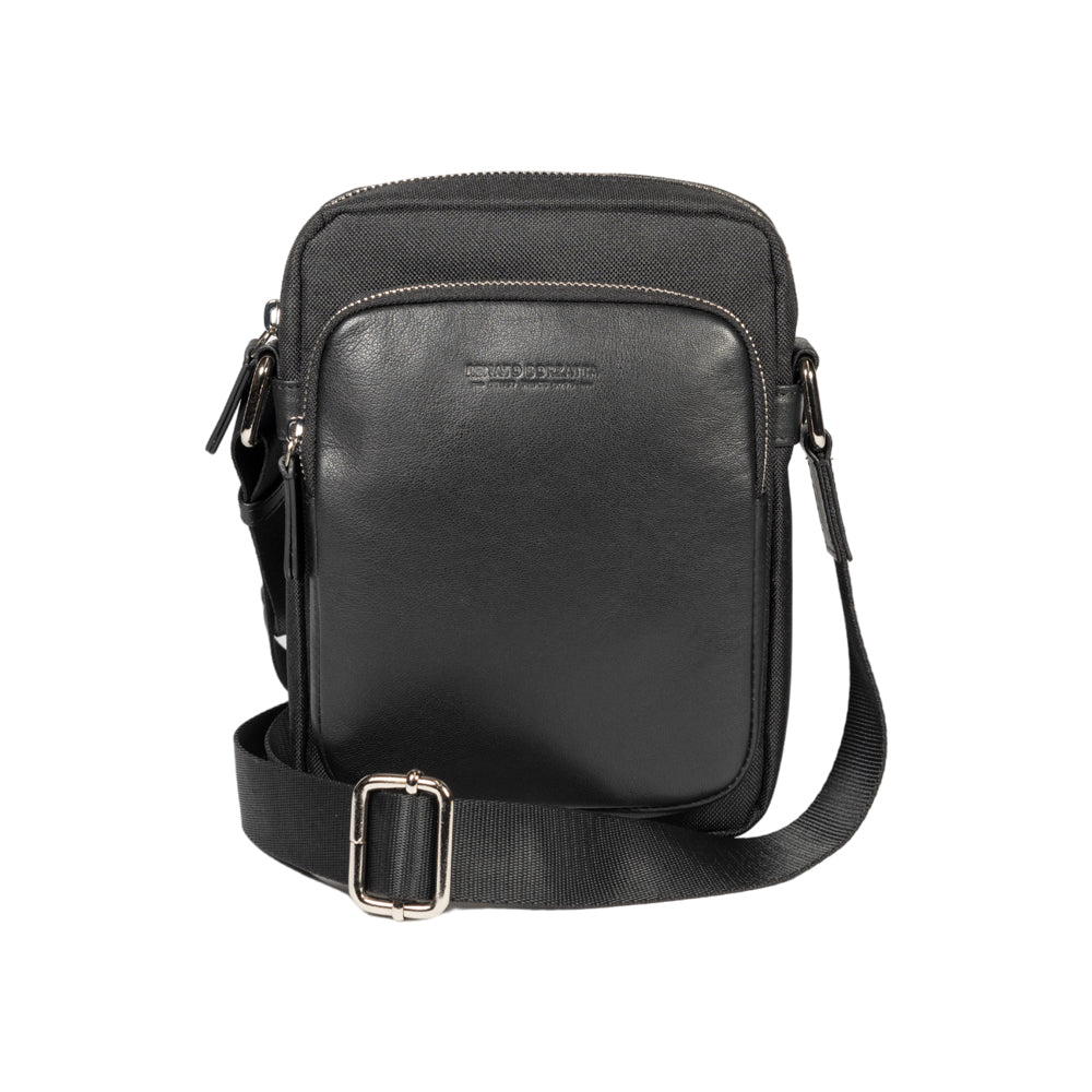 RB2002A | Borsa a Tracolla in Nylon/Vera Pelle, con leggera grana. Chiusura con lampo e tracolla regolabile - Colore Nero - Dimensioni: cm 15,5 x 21 x 7. Confezione: Sacchetto in Tessuto non Tessuto