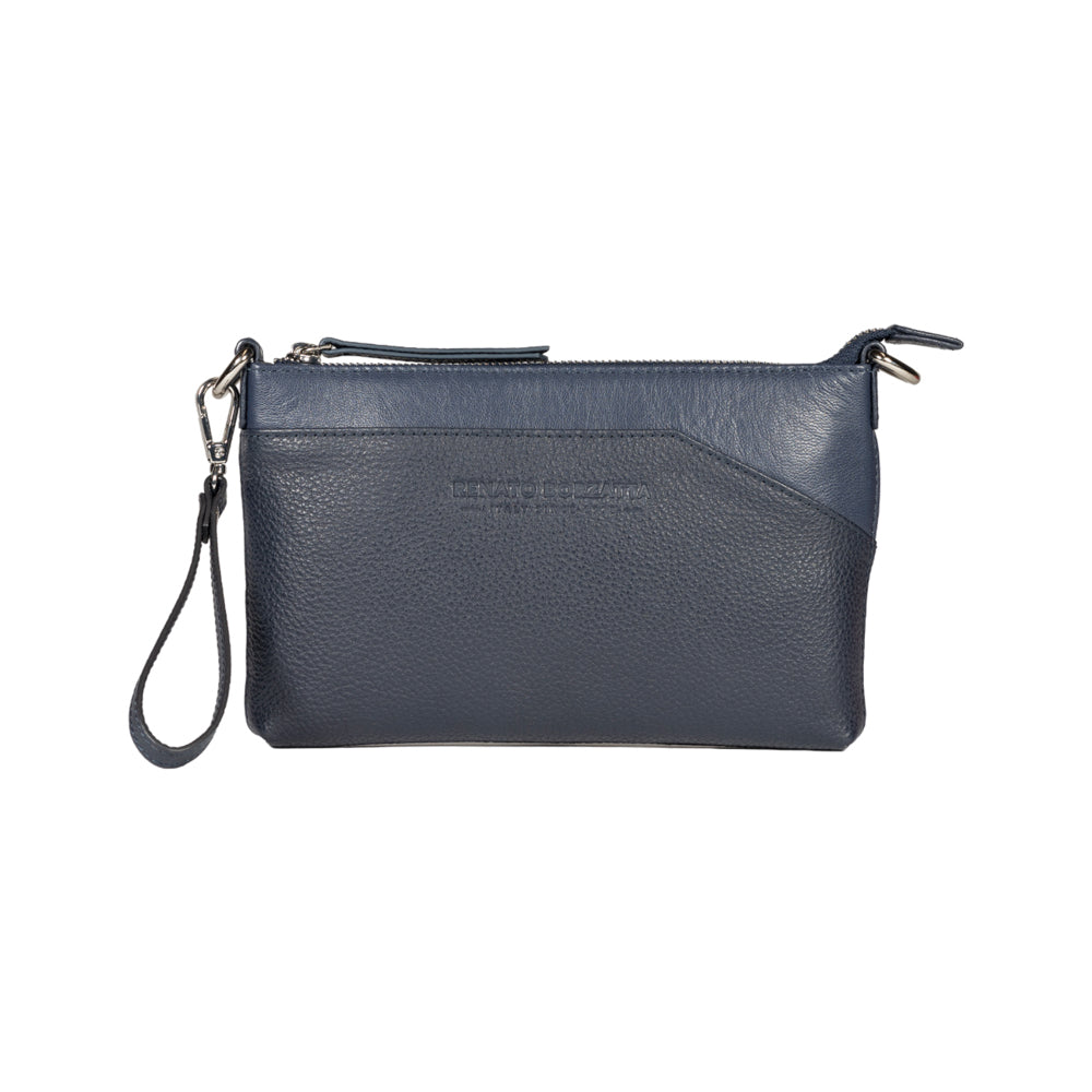 RB2003D | Borsa a Tracolla/Polso in Vera Pelle pieno fiore, grana dollaro/leggera. Tracolla e maniglia removibili. Colore Blu. Dimensioni: cm 22 x 14 x 2,5. Confezione: Sacchetto in Tessuto non Tessuto