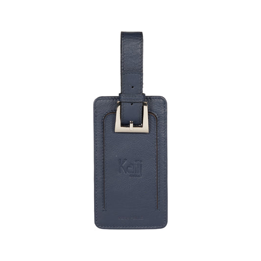 K0006DB | Luggage tag in genuine full grain leather with light grain. Blue colour. Adjustable strap. Dimensions: 12 x 6.5 x 1 cm - Packaging: Rigid bottom/lid gift box