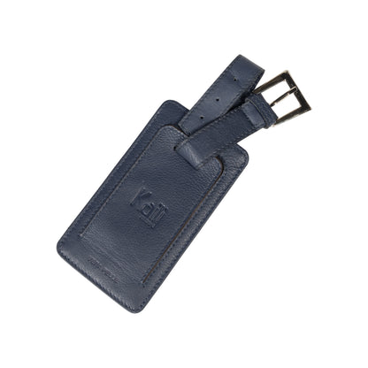 K0006DB | Luggage tag in genuine full grain leather with light grain. Blue colour. Adjustable strap. Dimensions: 12 x 6.5 x 1 cm - Packaging: Rigid bottom/lid gift box