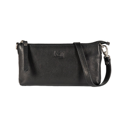 K0013AB | Women's shoulder bag in genuine full-grain leather, with light grain. Removable shoulder strap. Polished Nickel Accessories. Black colour. Dimensions: 20 x 10.5 x 2 cm. Packaging: TNT bag