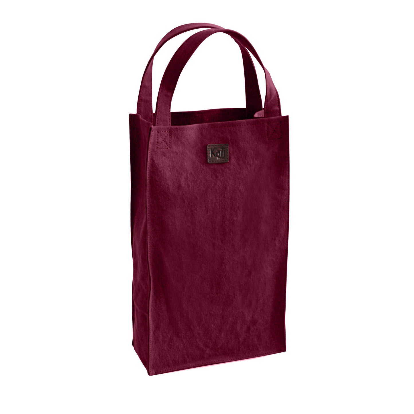 K0017XB | Luxury Double Bottle Holder Bag in Canvas/ Genuine Full Grain Leather, flywheel. Bordeaux/Dark Brown colour. Capacity: 2 bottles. Dimensions: 22 x 37 x 10 cm. Packaging: Polybag