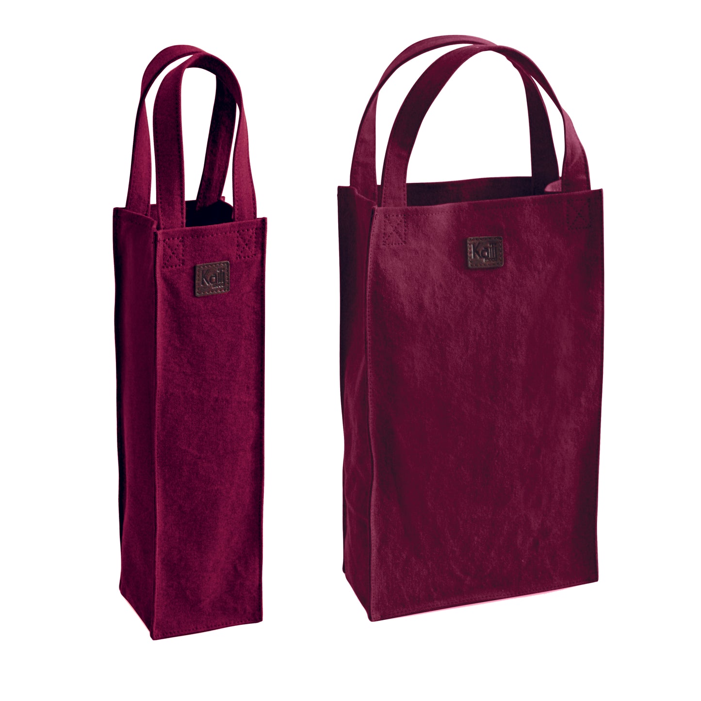 K0017XB | Luxury Double Bottle Holder Bag in Canvas/ Genuine Full Grain Leather, flywheel. Bordeaux/Dark Brown colour. Capacity: 2 bottles. Dimensions: 22 x 37 x 10 cm. Packaging: Polybag