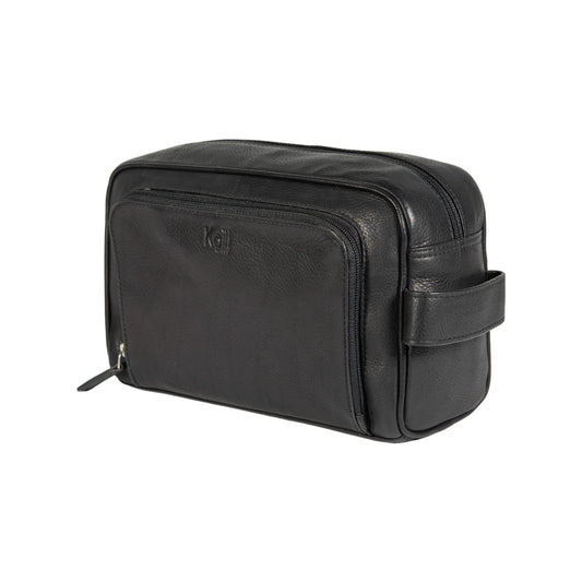 K0025AB | Beauty case with side handle in genuine full grain leather with light grain - Black colour. Zip closure, Dimensions: 25 x 16 x 12 cm. Packaging: TNT bag