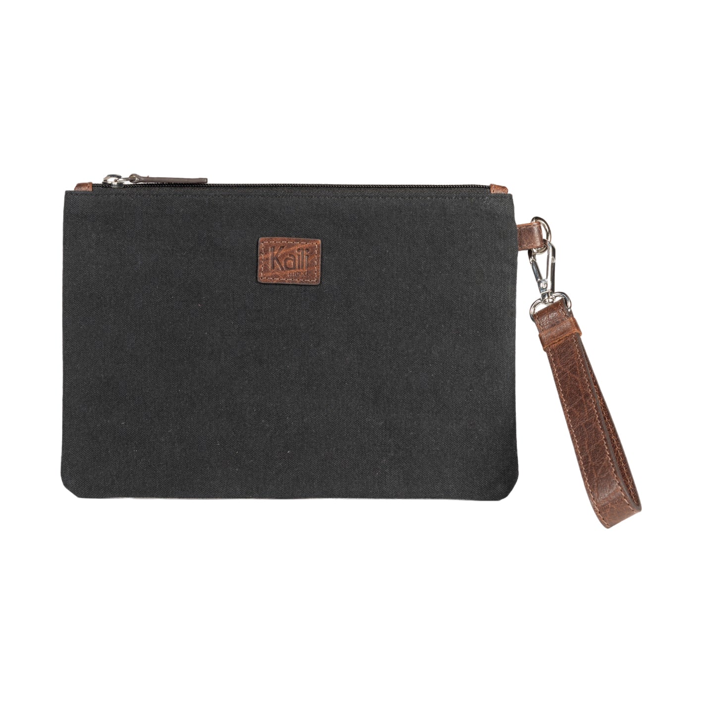 K0027AB | Wrist Bag in Canvas/Genuine Volanata Full Grain Leather - Black/Dark Brown Color - Polished Nickel Accessories. Dimensions: 25.5 x 17.5 x 1 cm - Packaging: TNT bag