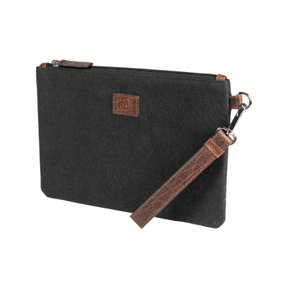 K0027AB | Wrist Bag in Canvas/Genuine Volanata Full Grain Leather - Black/Dark Brown Color - Polished Nickel Accessories. Dimensions: 25.5 x 17.5 x 1 cm - Packaging: TNT bag