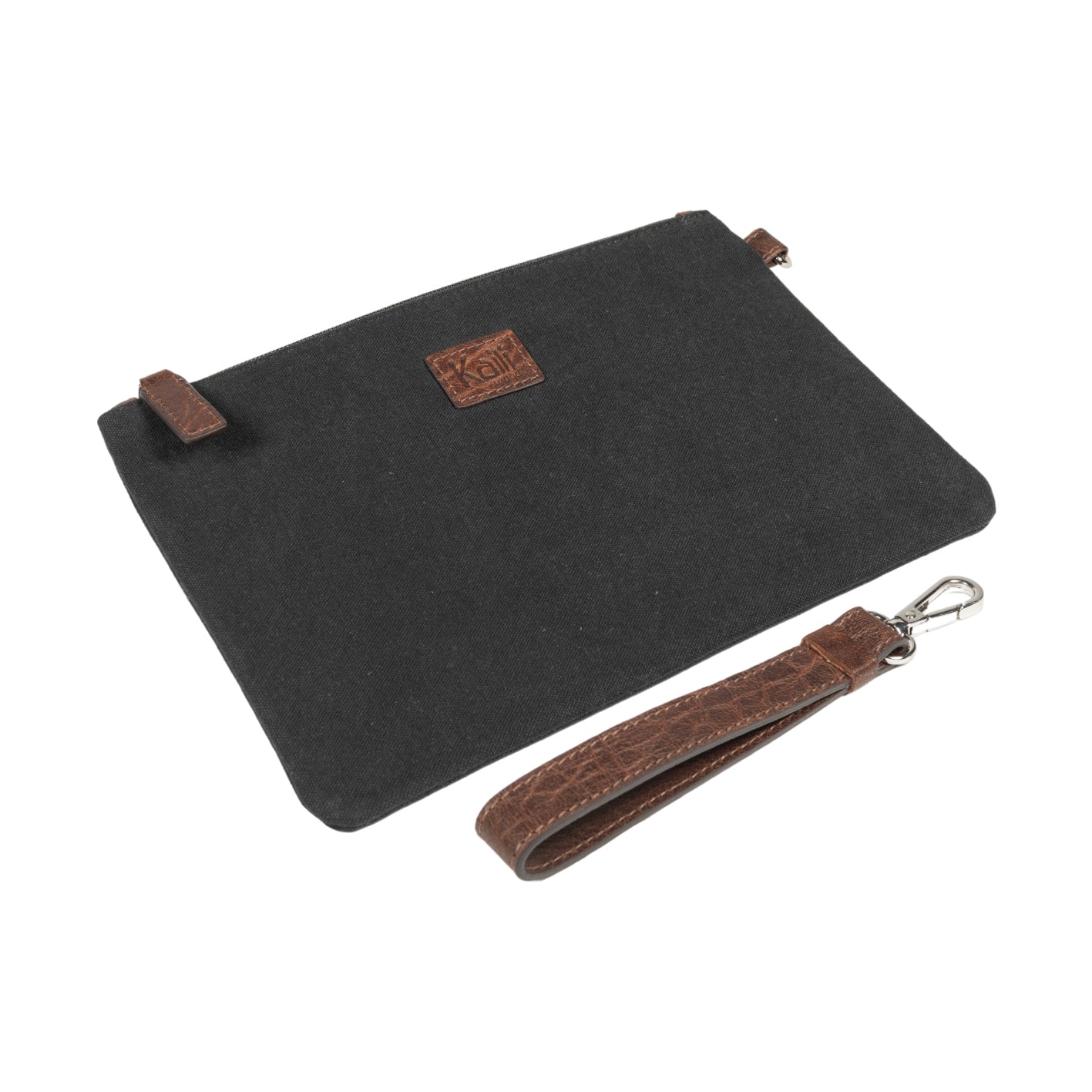 K0027AB | Wrist Bag in Canvas/Genuine Volanata Full Grain Leather - Black/Dark Brown Color - Polished Nickel Accessories. Dimensions: 25.5 x 17.5 x 1 cm - Packaging: TNT bag