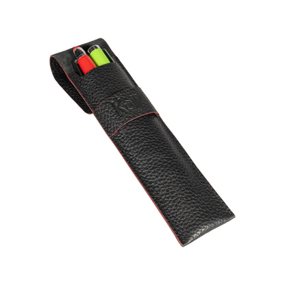 K0028AB | Pen case in genuine full grain leather, dollar grain - Black color with red edges - Dimensions: 4.5 x 16.5 x 1 cm - Packaging: TNT bag