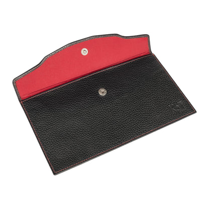 K0034AB | Flat envelope in genuine full grain leather, dollar grain - Black colour. Closure flap with automatic button. Dimensions: 22.5 x 12.5 x 0.5 cm - Packaging: TNT bag