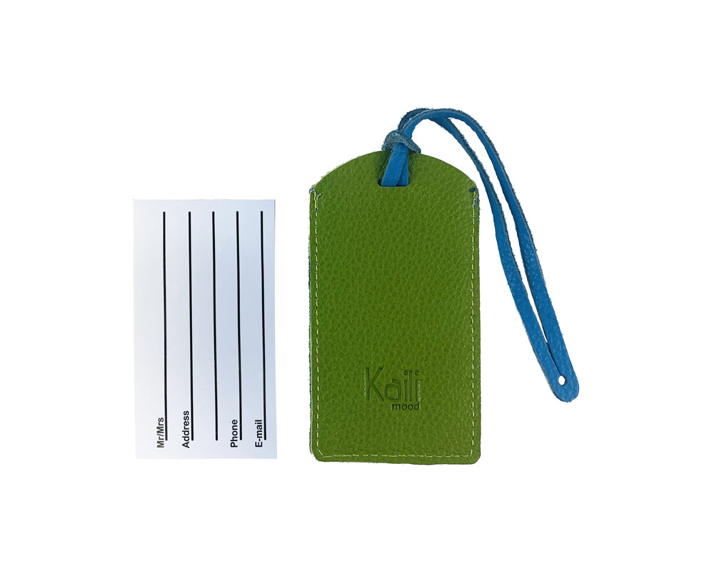 K0041EOB | Two-tone luggage tag Made in Italy in genuine full-grain leather, dollar grain - Green/light blue color - Dimensions: 6.5 x 12 cm - Packaging: Rigid bottom/lid gift box