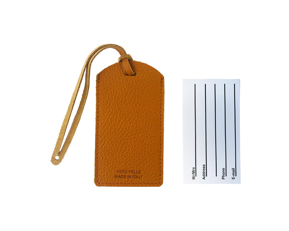 K0041LRB | Two-tone luggage tag Made in Italy in genuine full-grain leather, dollar grain - Orange/Yellow color - Dimensions: 6.5 x 12 cm - Packaging: Rigid bottom/lid gift box