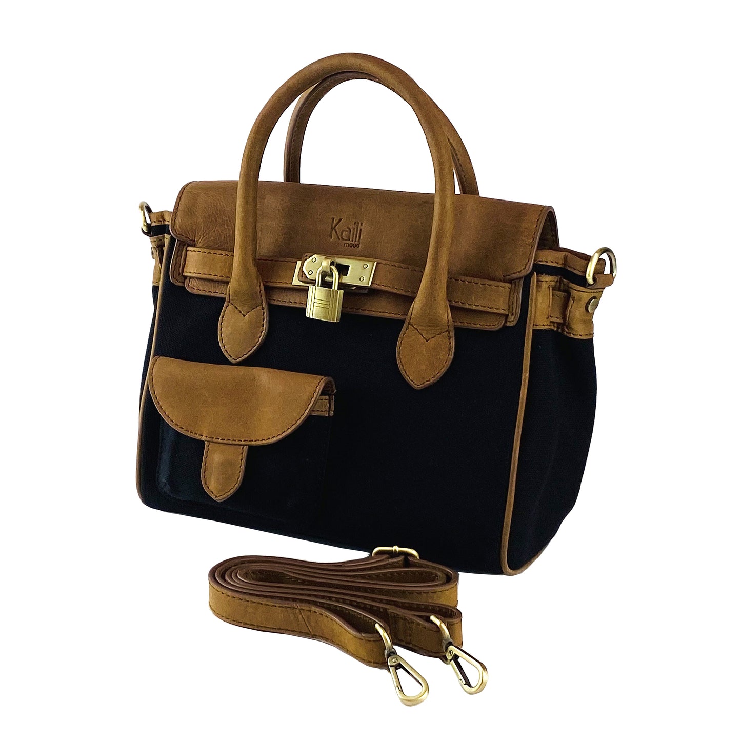 K0042ACB | Mini Handbag in Canvas/Genuine Leather Made in Italy. Removable shoulder strap. Attachments with metal snap hooks in Antique Brass - Black color - Dimensions: 24 x 20 x 12 cm