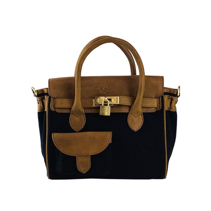 K0042ACB | Mini Handbag in Canvas/Genuine Leather Made in Italy. Removable shoulder strap. Attachments with metal snap hooks in Antique Brass - Black color - Dimensions: 24 x 20 x 12 cm