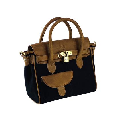 K0042ACB | Mini Handbag in Canvas/Genuine Leather Made in Italy. Removable shoulder strap. Attachments with metal snap hooks in Antique Brass - Black color - Dimensions: 24 x 20 x 12 cm