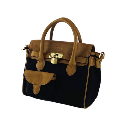 K0042ACB | Mini Handbag in Canvas/Genuine Leather Made in Italy. Removable shoulder strap. Attachments with metal snap hooks in Antique Brass - Black color - Dimensions: 24 x 20 x 12 cm