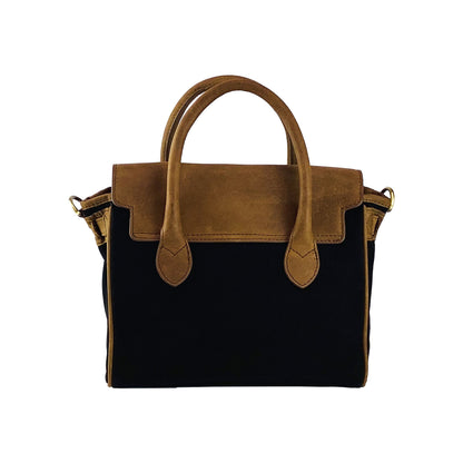 K0042ACB | Mini Handbag in Canvas/Genuine Leather Made in Italy. Removable shoulder strap. Attachments with metal snap hooks in Antique Brass - Black color - Dimensions: 24 x 20 x 12 cm