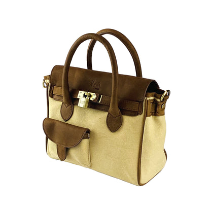 K0042ALCB | Mini Handbag in Canvas/Genuine Leather Made in Italy. Removable shoulder strap. Attachments with metal snap hooks in Antique Brass - Rope color - Dimensions: 24 x 20 x 12 cm