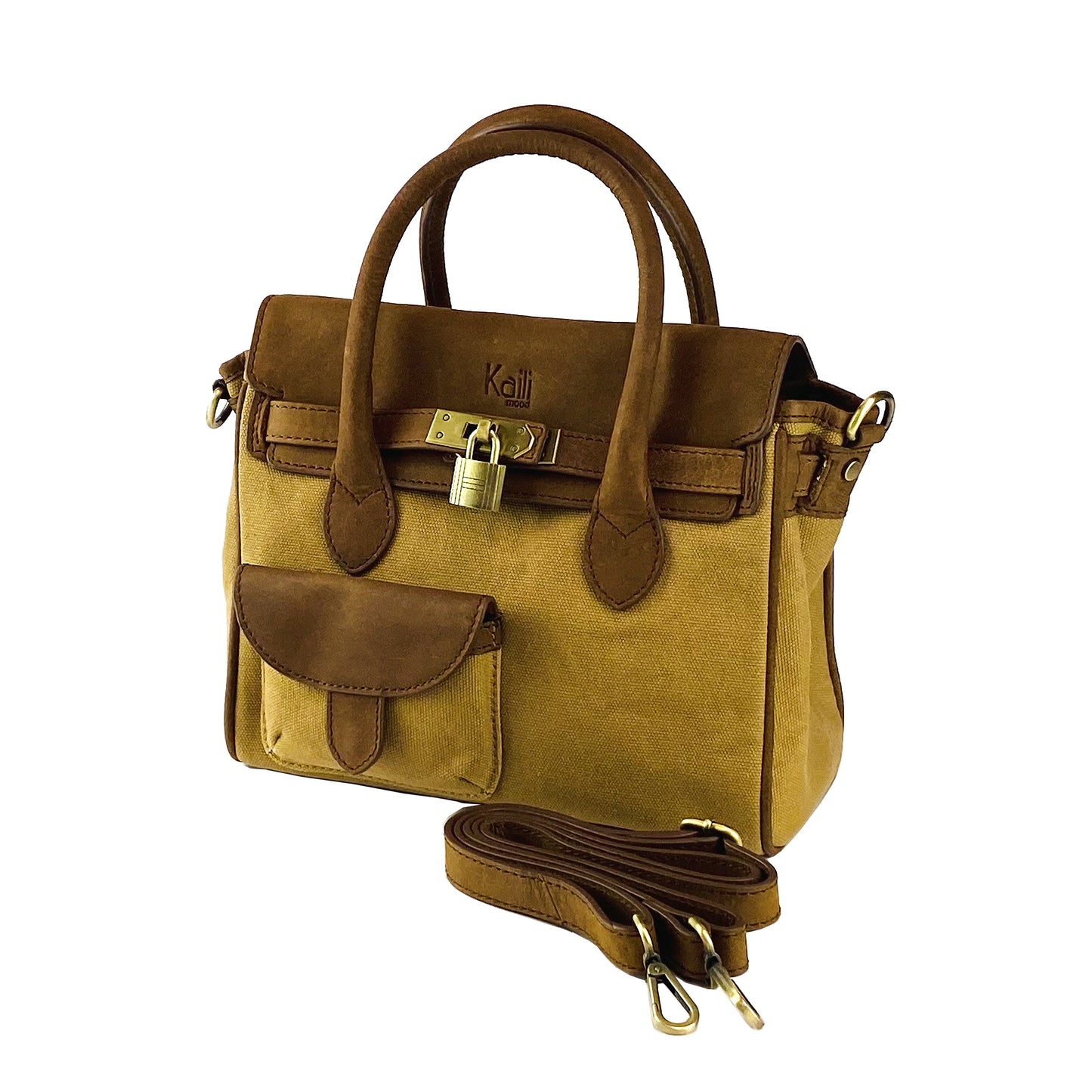 K0042BACB | Mini Handbag in Canvas/Genuine Leather Made in Italy. Removable shoulder strap. Attachments with metal snap hooks in Antique Brass - Hazelnut color - Dimensions: 24 x 20 x 12 cm