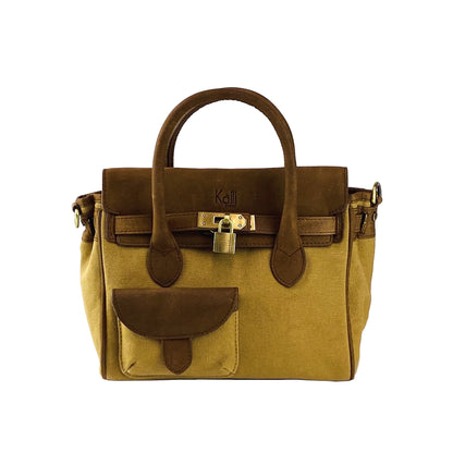 K0042BACB | Mini Handbag in Canvas/Genuine Leather Made in Italy. Removable shoulder strap. Attachments with metal snap hooks in Antique Brass - Hazelnut color - Dimensions: 24 x 20 x 12 cm