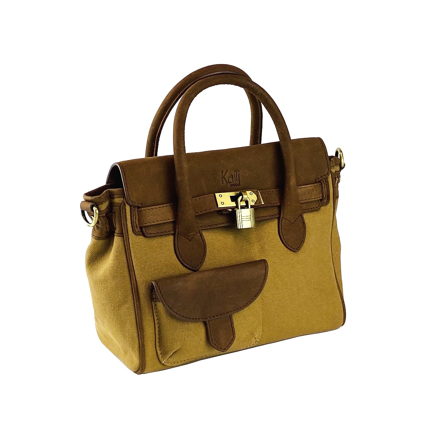 K0042BACB | Mini Handbag in Canvas/Genuine Leather Made in Italy. Removable shoulder strap. Attachments with metal snap hooks in Antique Brass - Hazelnut color - Dimensions: 24 x 20 x 12 cm