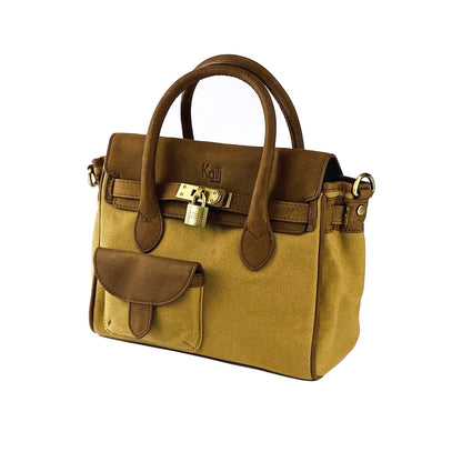 K0042BACB | Mini Handbag in Canvas/Genuine Leather Made in Italy. Removable shoulder strap. Attachments with metal snap hooks in Antique Brass - Hazelnut color - Dimensions: 24 x 20 x 12 cm