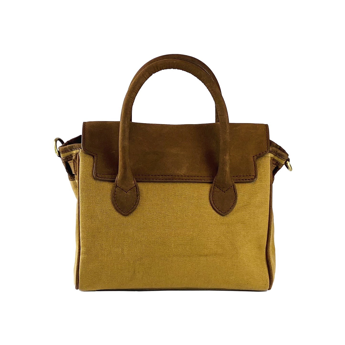 K0042BACB | Mini Handbag in Canvas/Genuine Leather Made in Italy. Removable shoulder strap. Attachments with metal snap hooks in Antique Brass - Hazelnut color - Dimensions: 24 x 20 x 12 cm