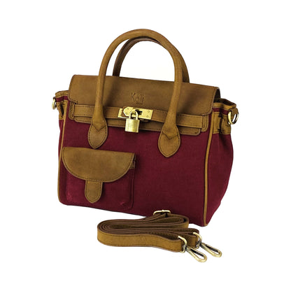 K0042XCB | Mini Handbag in Canvas/Genuine Leather Made in Italy. Removable shoulder strap. Attachments with metal snap hooks in Antique Brass - Bordeaux color - Dimensions: 24 x 20 x 12 cm