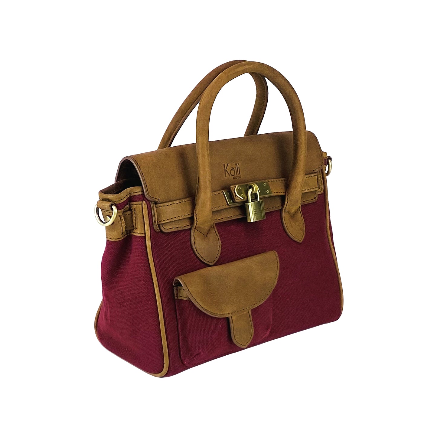 K0042XCB | Mini Handbag in Canvas/Genuine Leather Made in Italy. Removable shoulder strap. Attachments with metal snap hooks in Antique Brass - Bordeaux color - Dimensions: 24 x 20 x 12 cm