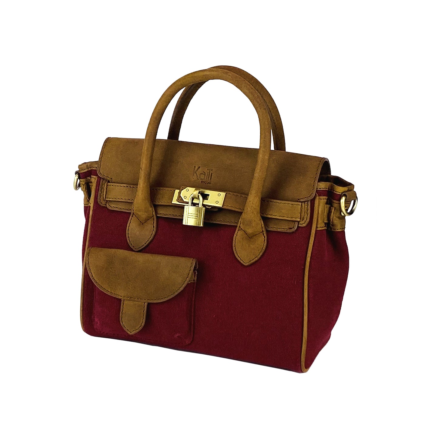 K0042XCB | Mini Handbag in Canvas/Genuine Leather Made in Italy. Removable shoulder strap. Attachments with metal snap hooks in Antique Brass - Bordeaux color - Dimensions: 24 x 20 x 12 cm