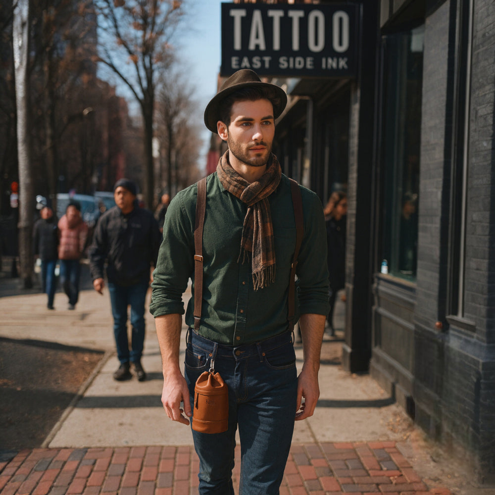 K0055SB | Pochette con Coulisse Hands-Free in Vera Pelle pieno fiore, ingrassata. Fodera in cotone. Colore Cognac. Dimensioni: cm 10 x 17 x 9,5. Confezione: Sacchetto Tessuto non Tessuto